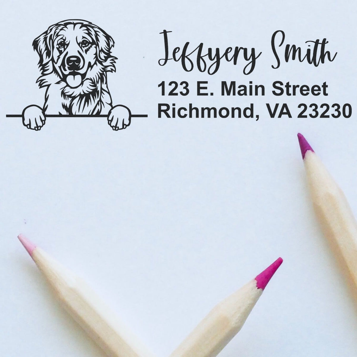 Custom dog return address stamp for Jeffery Smith, 123 E. Main Street, Richmond, VA 23230.