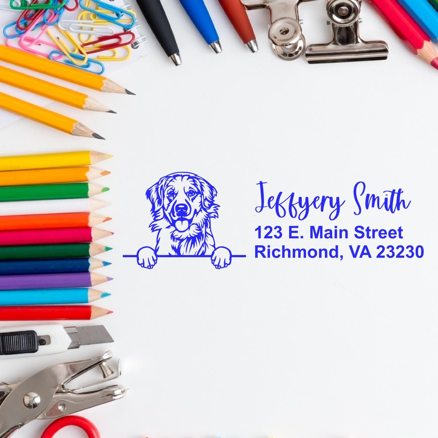 Custom rubber address stamp with dog illustration for Jeffery Smith, Richmond VA 23230, shown on stationery background.