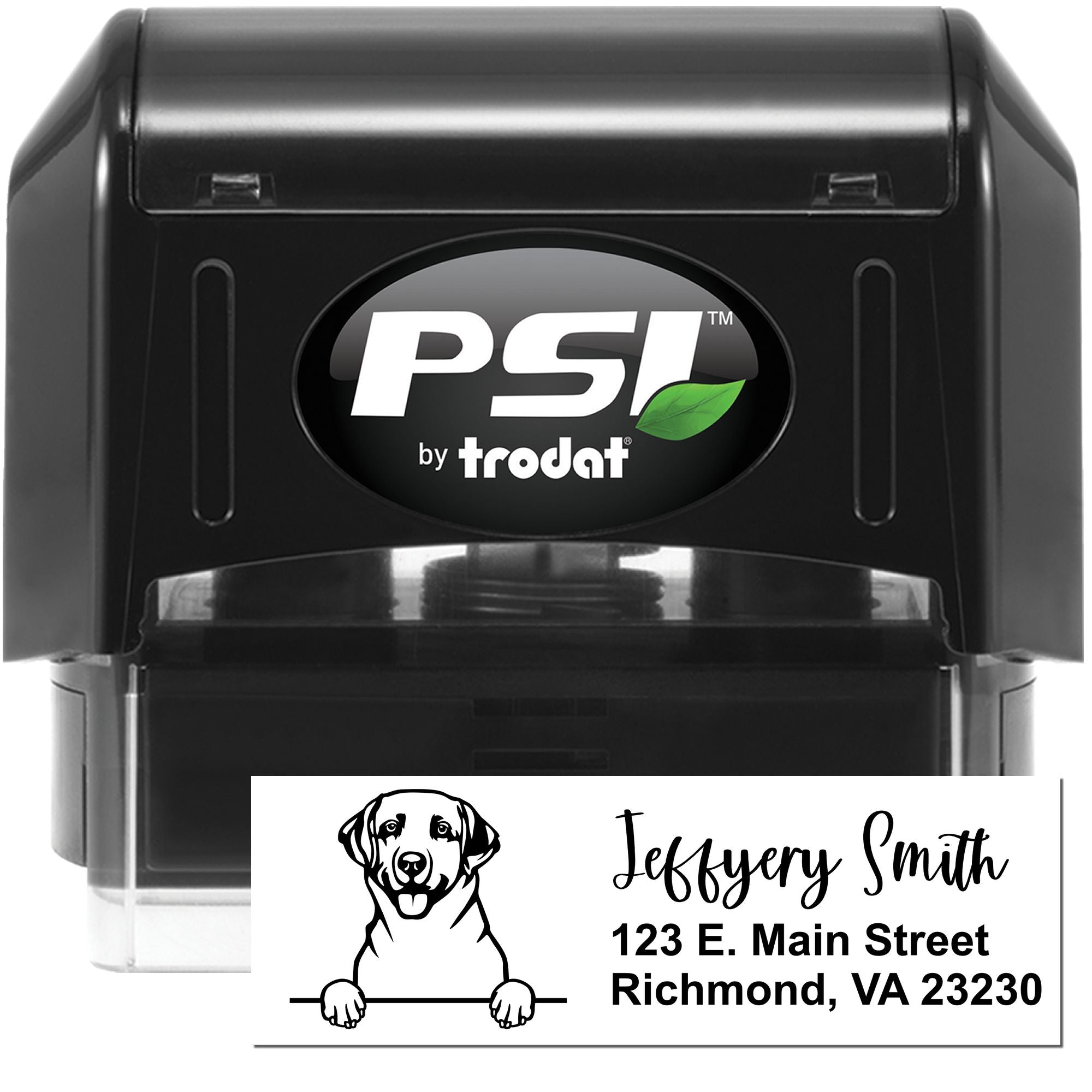 Custom PSI by Trodat self-inking rubber stamp for personalized address and business use, featuring name, address, and dog logo.