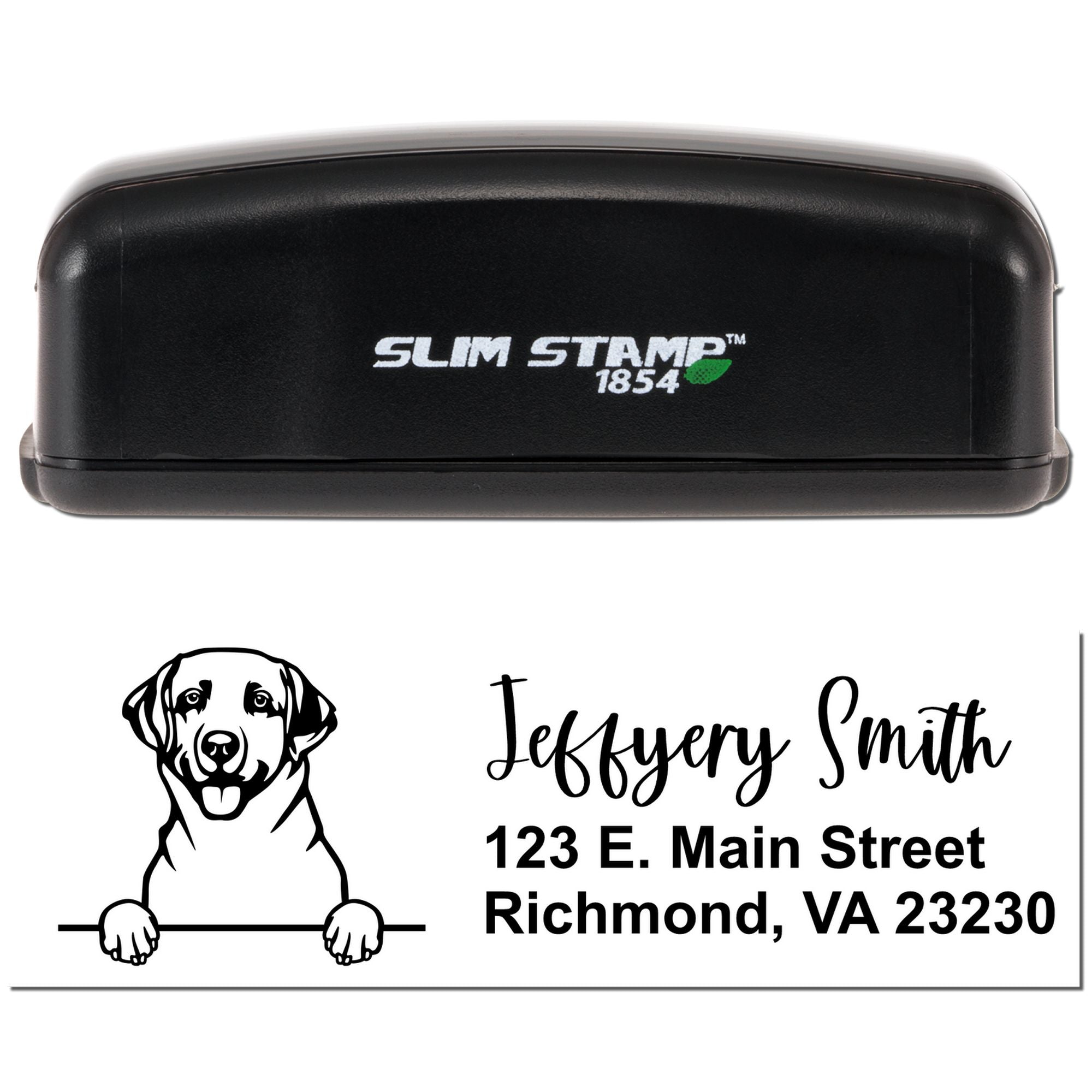 Custom Slim Stamp 1854 self-inking rubber address stamp with dog logo, name, and Richmond, VA return address.