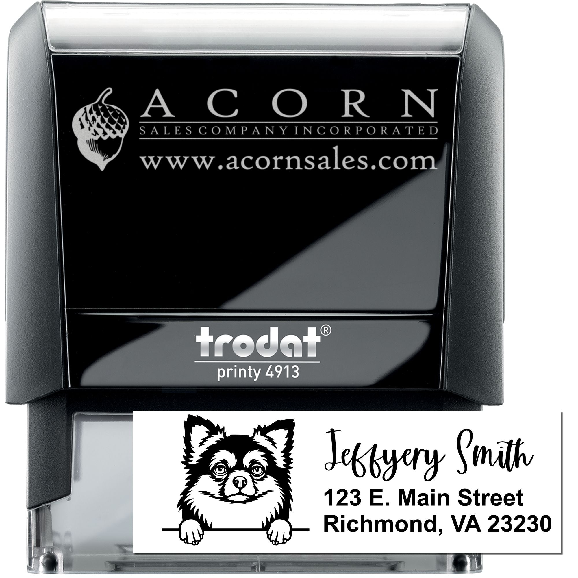 Personalized self-inking rubber stamp with logo and address, Trodat Printy 4913 for business branding and mailing.