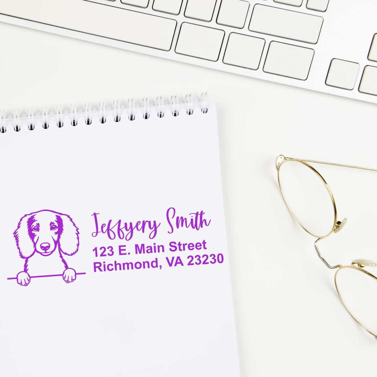 Personalized dog address rubber stamp with name and mailing address for custom stationery and pet lovers.