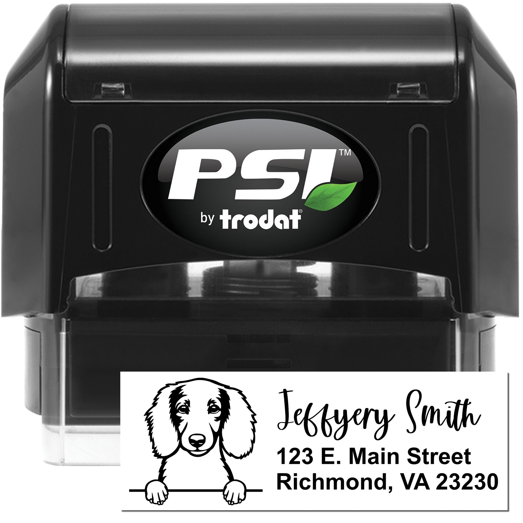 PSI by Trodat self-inking custom address rubber stamp with dog portrait and return address for mailing envelopes