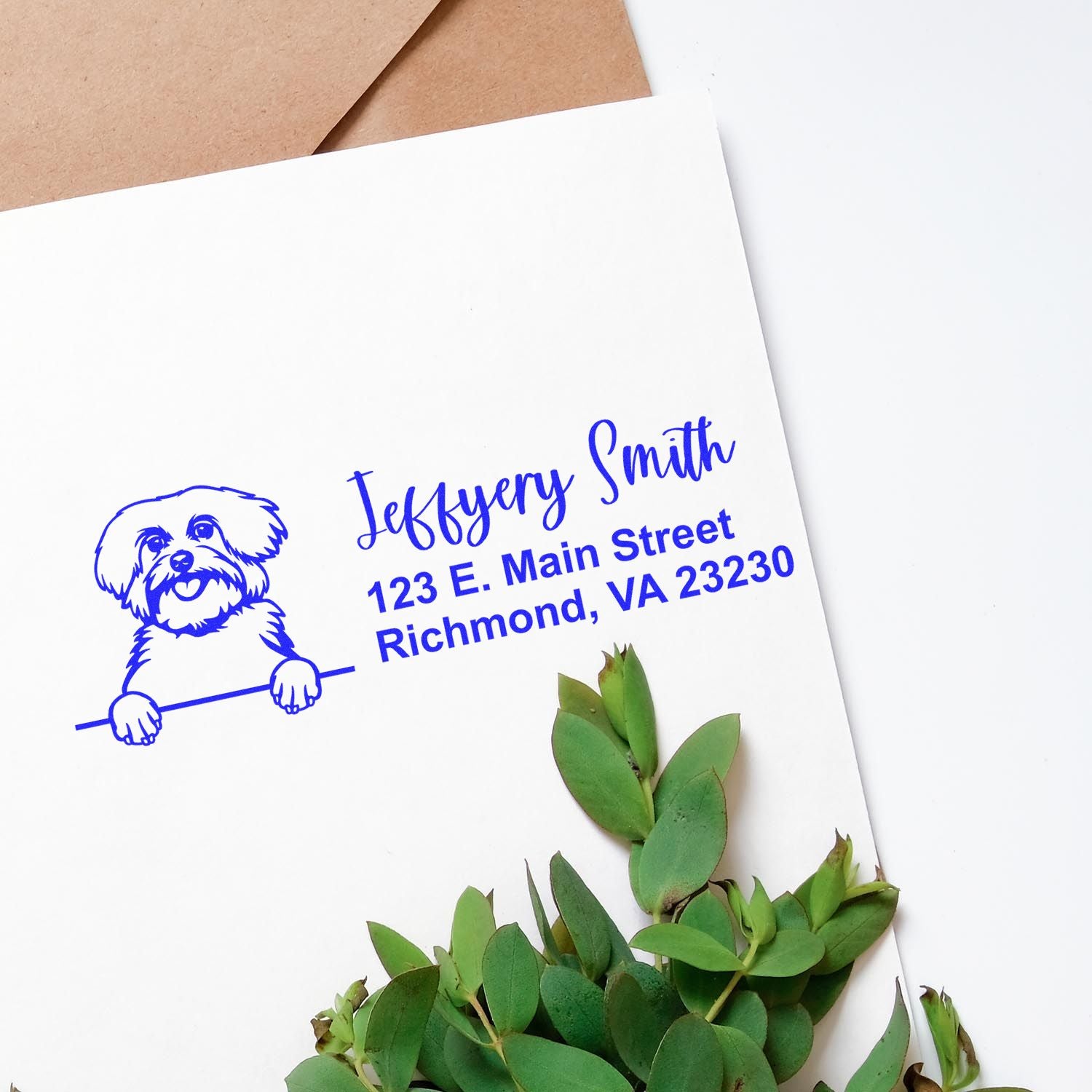 Personalized dog return address rubber stamp for envelopes with custom name, street address, and Richmond, VA city line.
