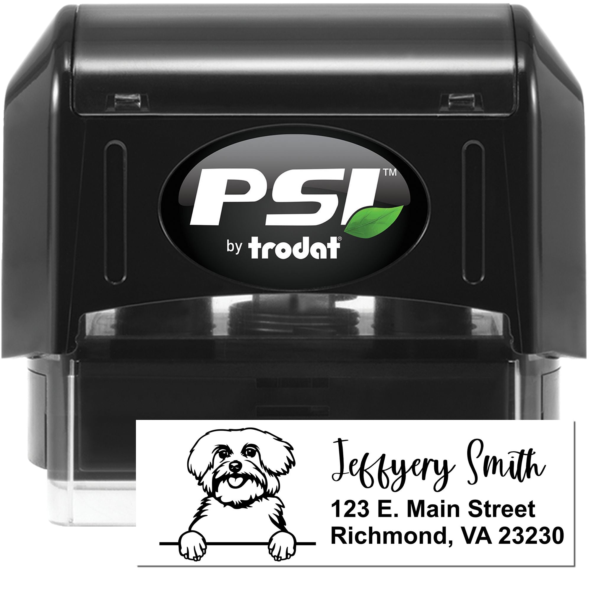 Custom self-inking rubber address stamp with dog design, name, and Richmond VA address by PSI Trodat.