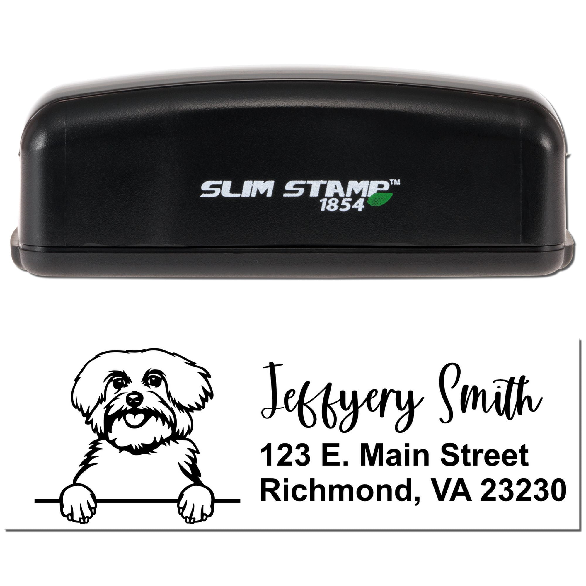 Custom dog address rubber stamp with Slim Stamp 1854 self-inking stamp for personalized name and address imprint.