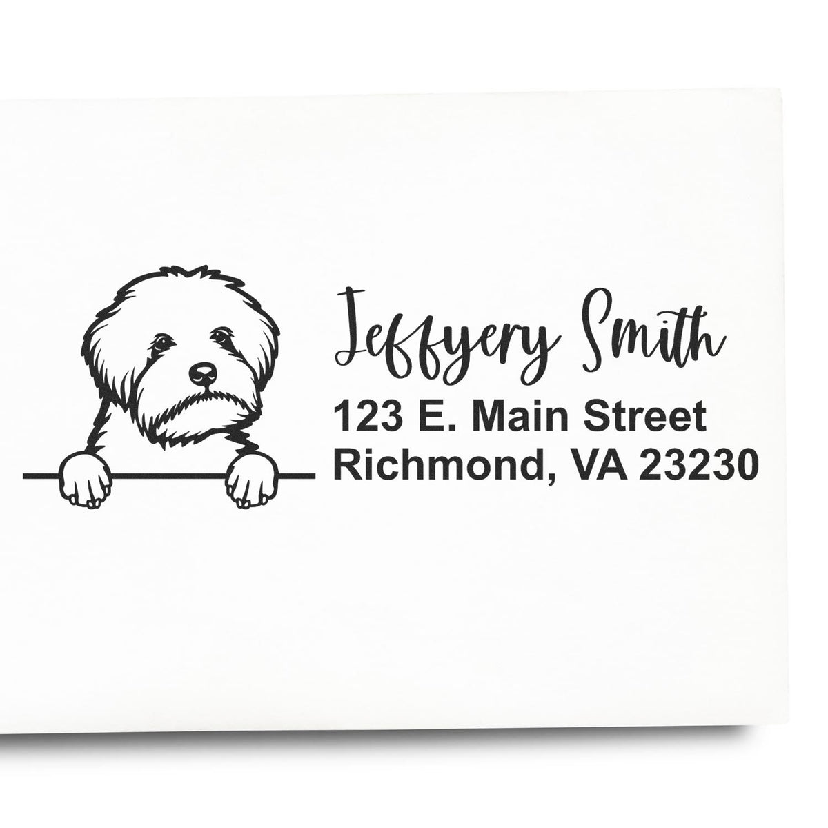 Custom dog address rubber stamp with pet portrait, Jeffrey Smith, and Richmond, VA return address.