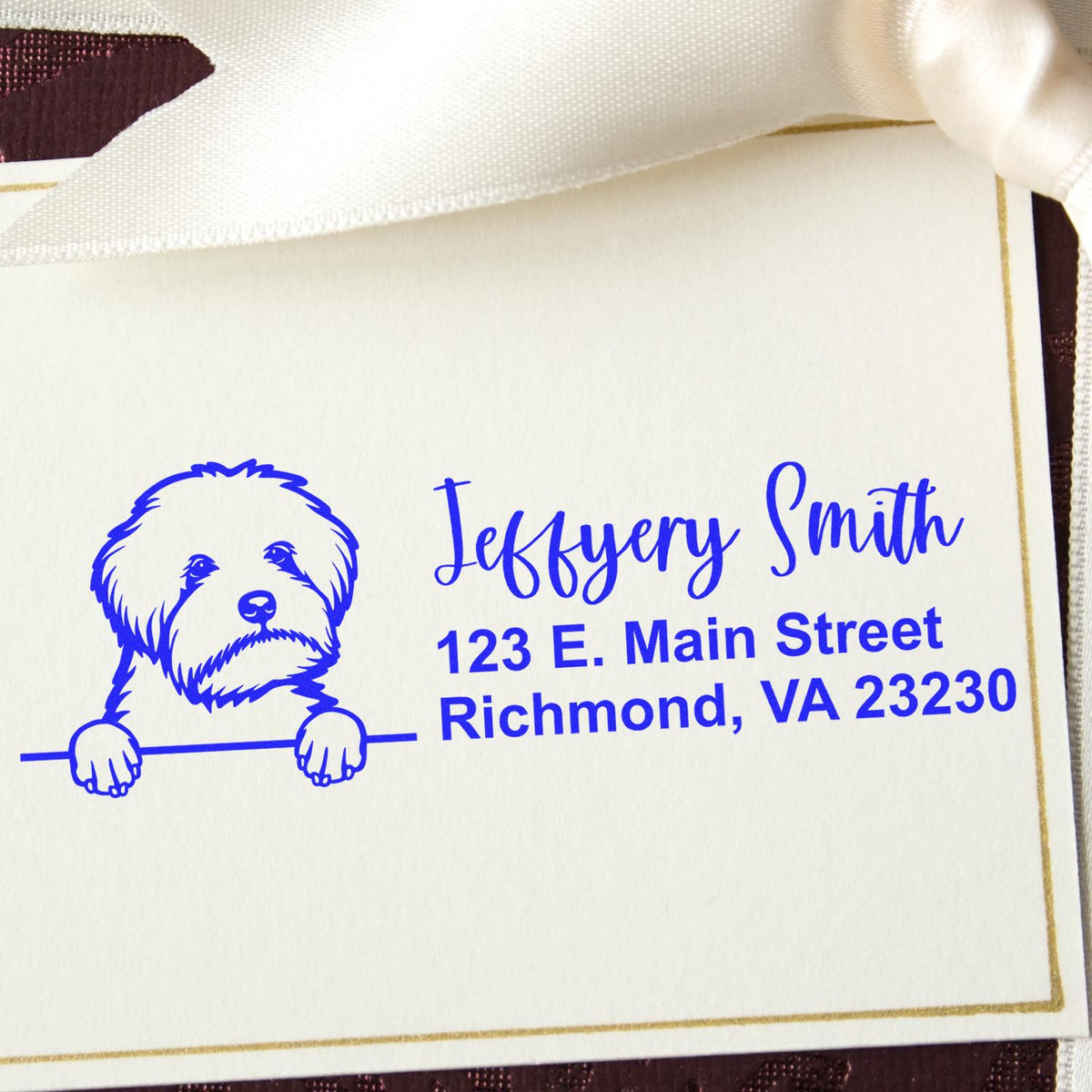 Custom dog return address rubber stamp with name and address for personalized pet-themed mail and stationery
