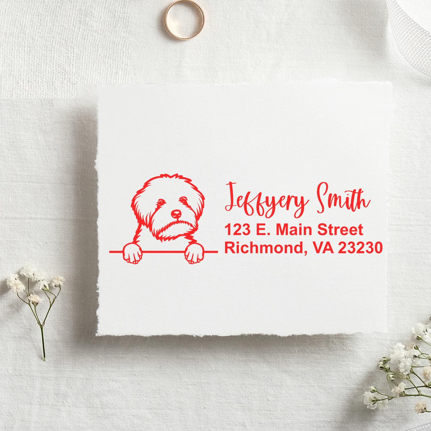Custom dog return address rubber stamp with personalized name and Richmond, VA 23230 address for envelopes.