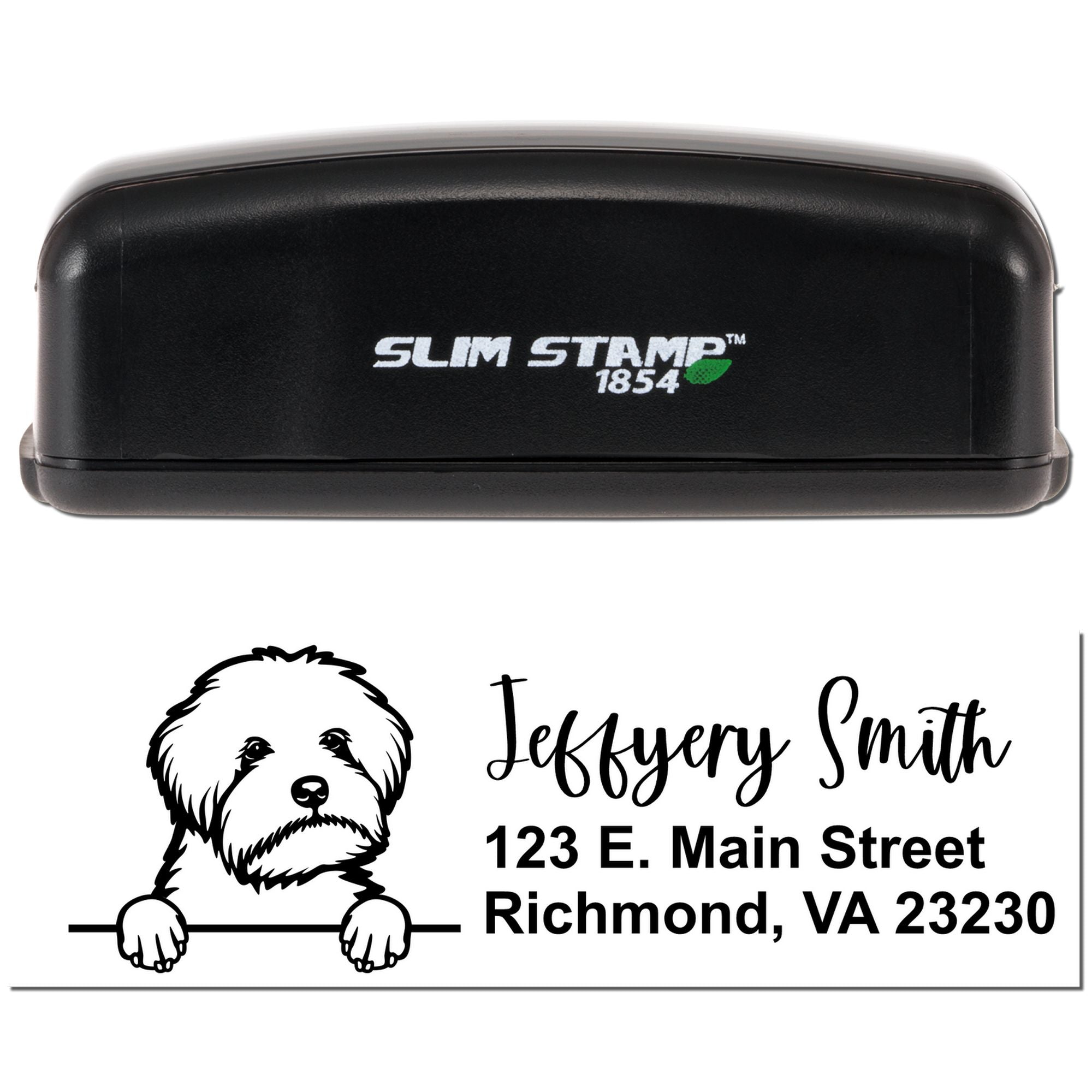 Custom self-inking rubber address stamp with dog logo and name, showing Slim Stamp 1854 imprint for return mail.