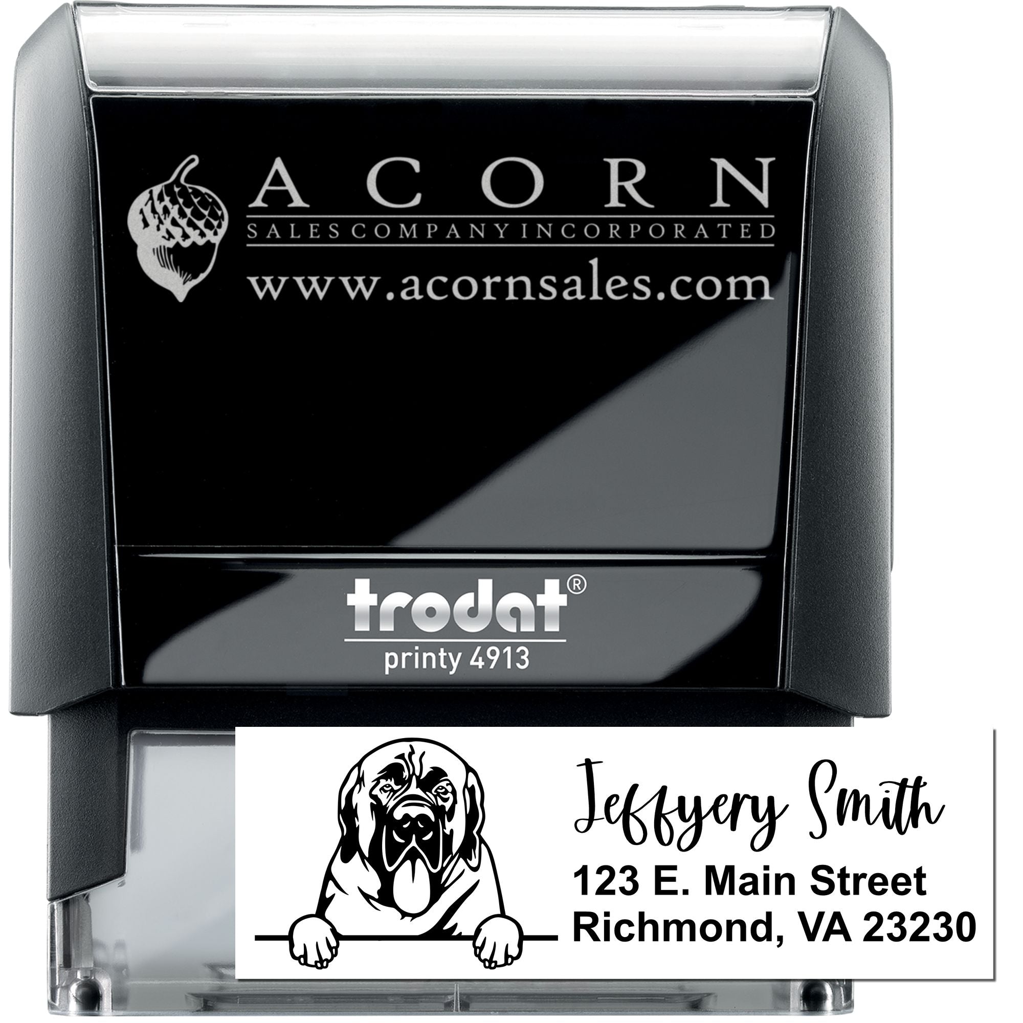 Custom self-inking rubber stamp, Trodat Printy 4913, with business logo and address imprint for professional mailing and branding.
