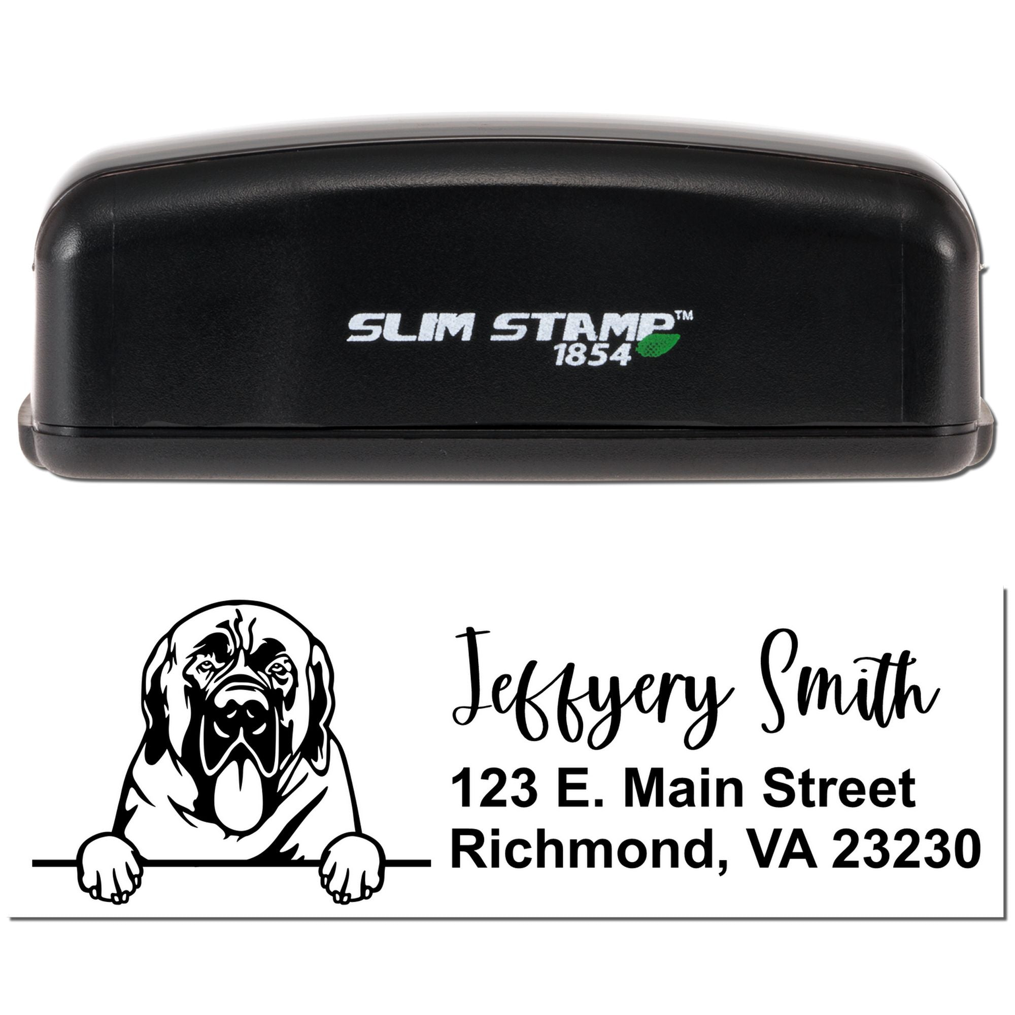 Slim Stamp 1854 custom address rubber stamp with dog logo, personalized name and return address for mailing and branding.