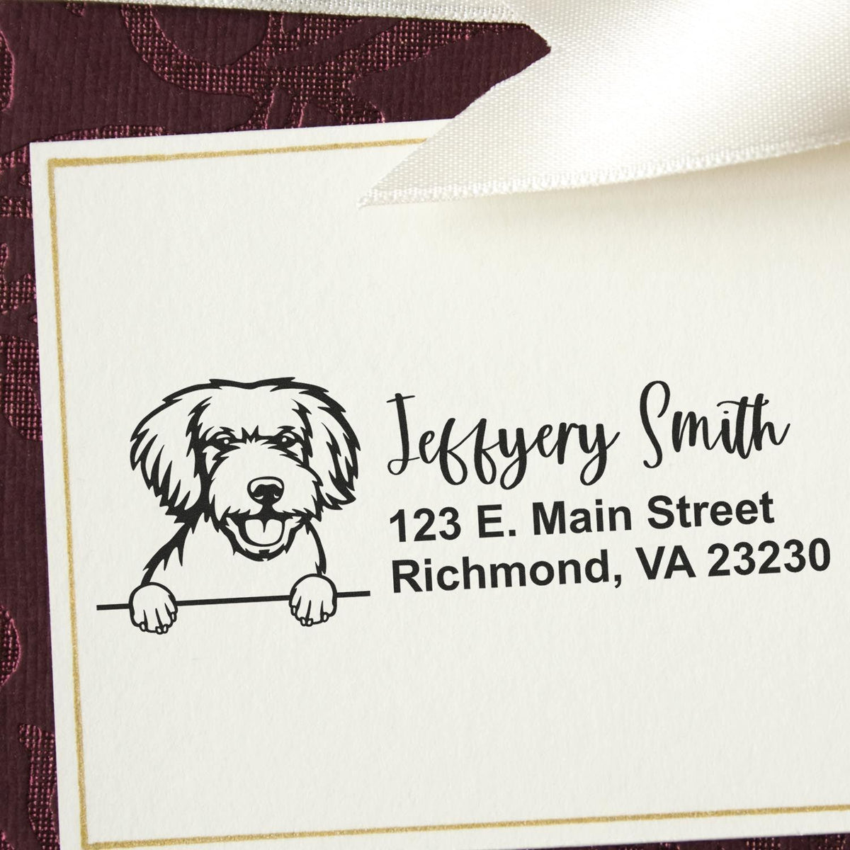 Custom dog address rubber stamp for wedding invitations with Jefferson Smith name and Richmond, VA return address.