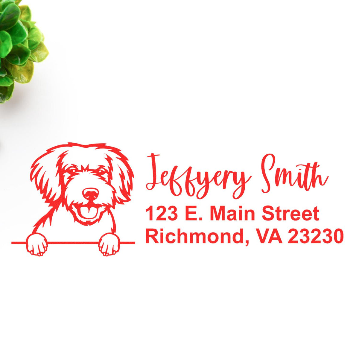Custom dog return address rubber stamp with personalized name and mailing address.