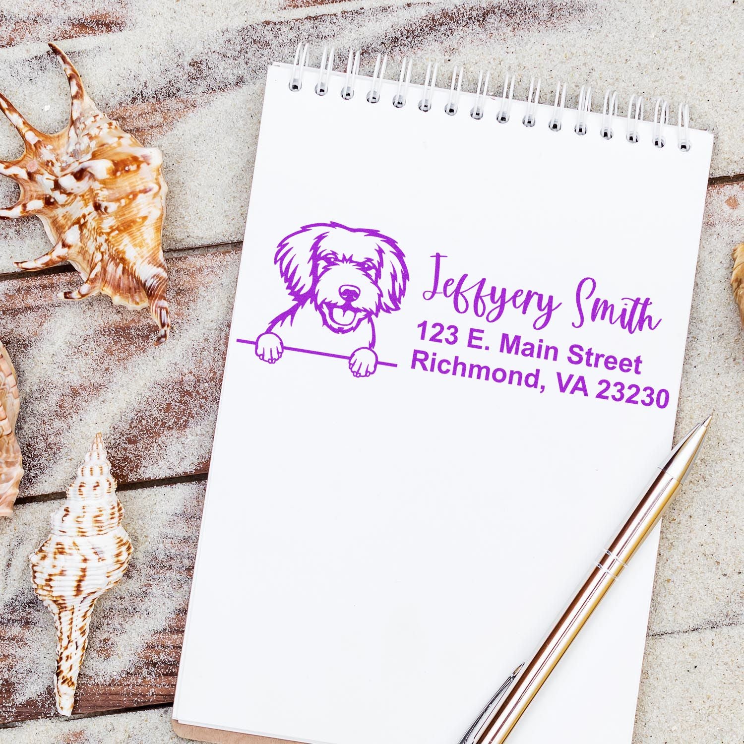 Custom dog address rubber stamp on notepad, personalized with name and Virginia mailing address for pet-themed stationery.