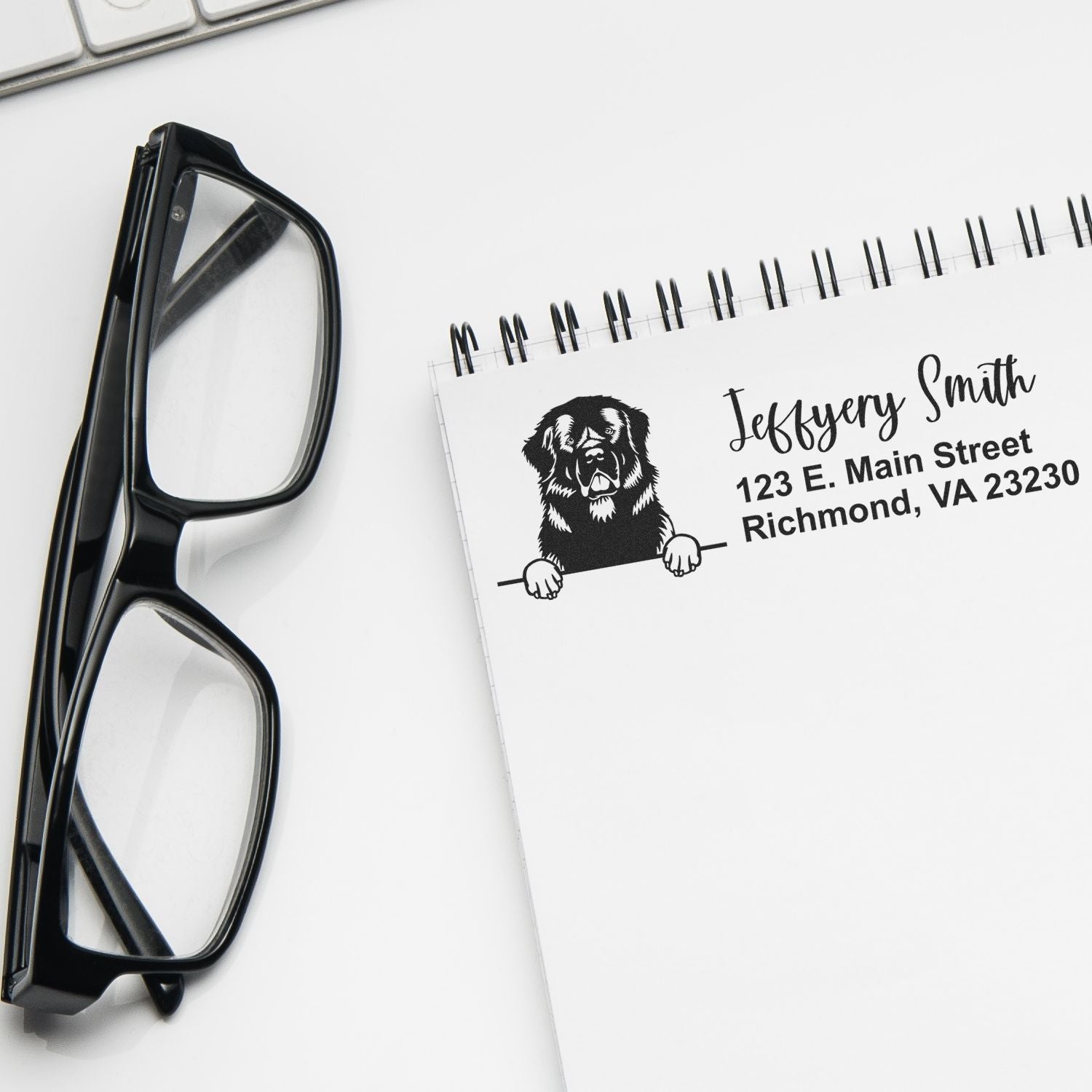 Personalized dog address rubber stamp on notebook, featuring a name and Richmond, VA return address.