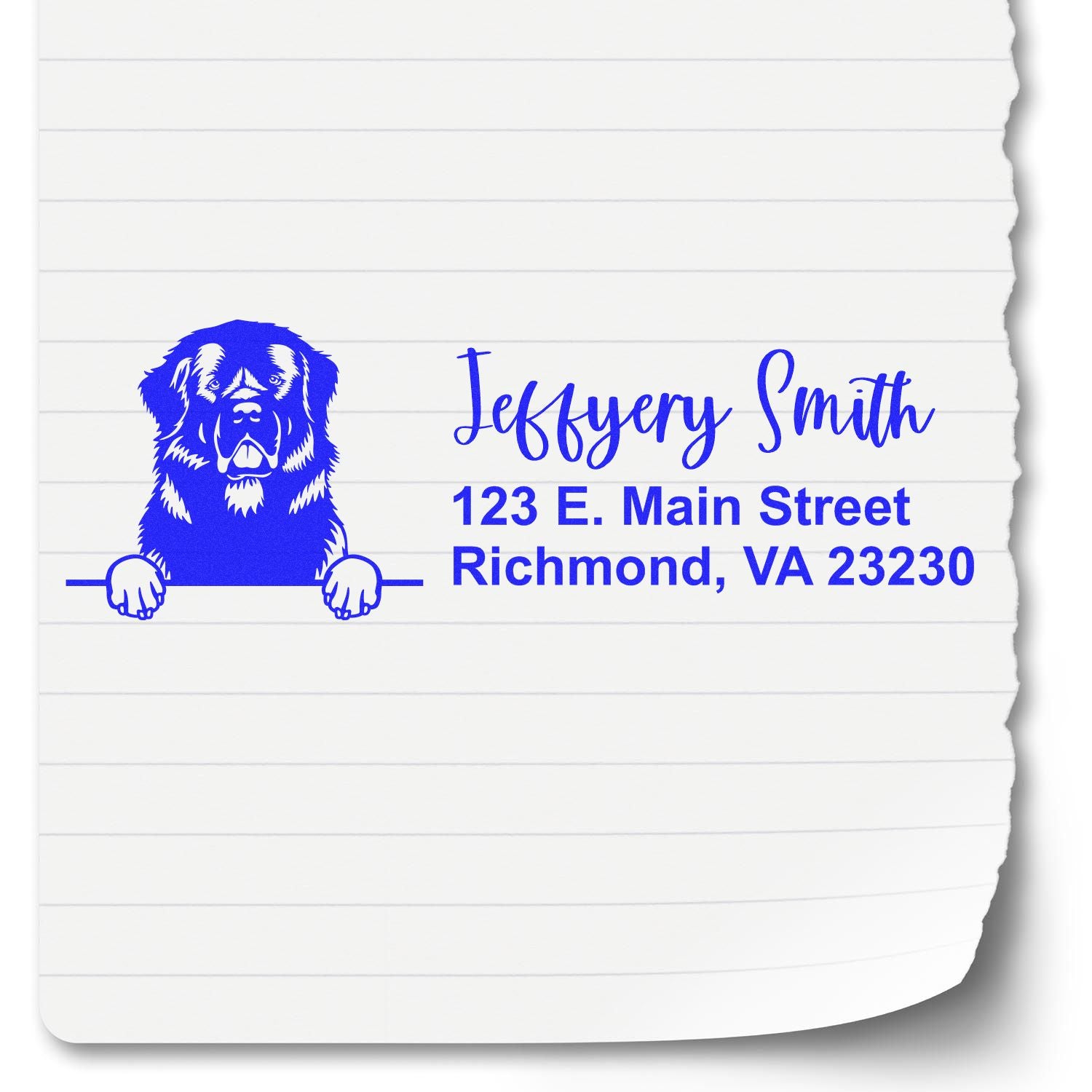 Personalized dog-themed rubber address stamp for mailing, with name and Richmond, VA address.