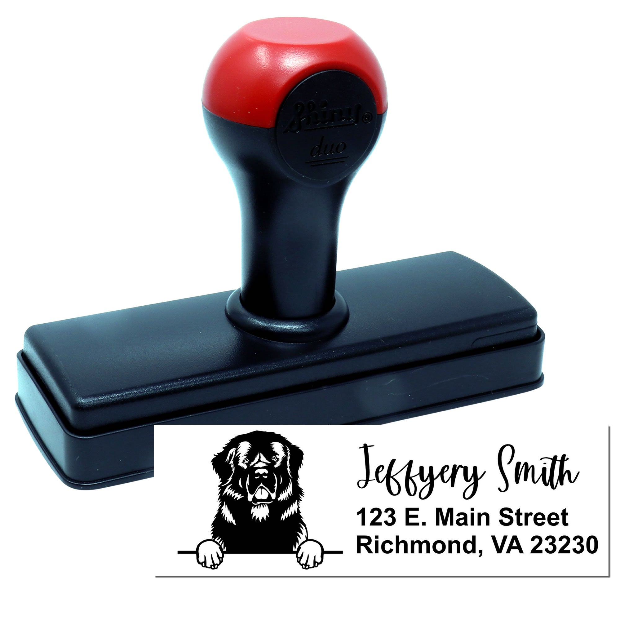 Custom self-inking rubber stamp with dog logo and return address imprint for Jeffery Smith in Richmond, VA.