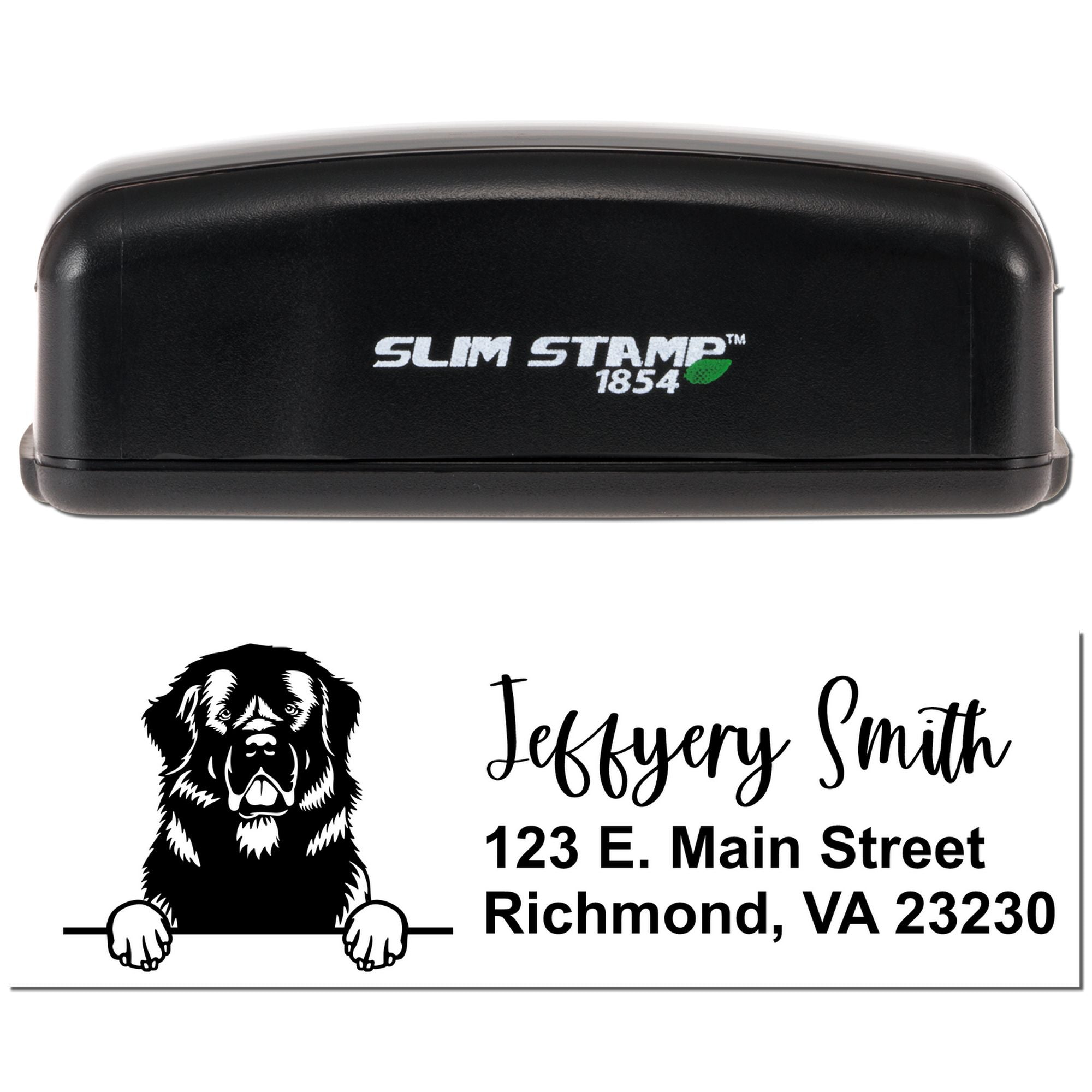 Custom address rubber stamp, Slim Stamp 1854, with dog logo and Jeffrey Smith return address for Richmond, VA 23230.