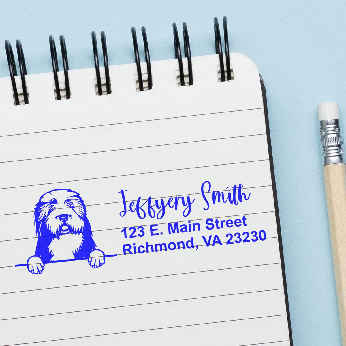 Custom dog return address rubber stamp for Jeffery Smith, featuring name and Richmond, VA mailing address.