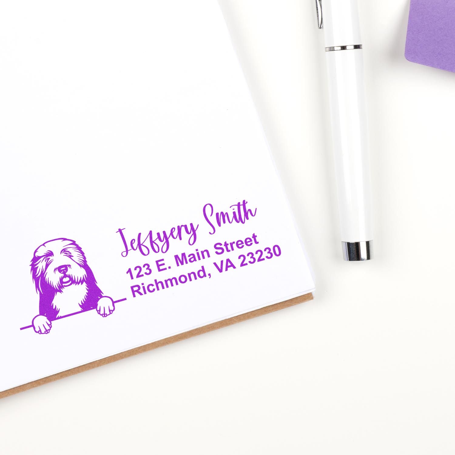 Custom dog return address rubber stamp impression with name and Richmond, VA address on envelope
