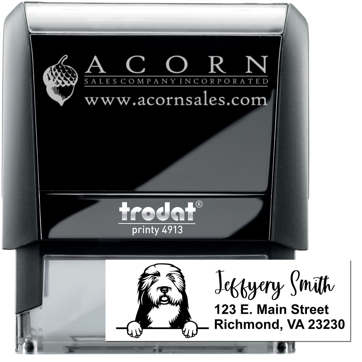 Custom self-inking rubber stamp with logo and address imprint examples for business branding and mailing.