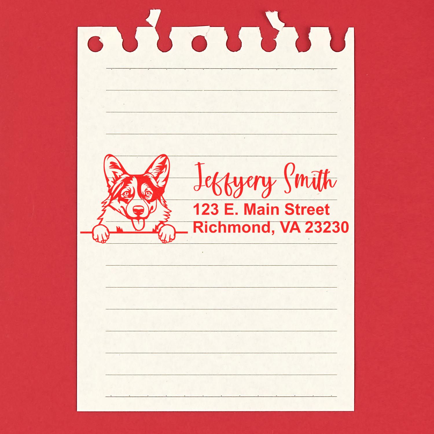 Custom dog address stamp with corgi logo, name, and address for personalized stationery and mailings.