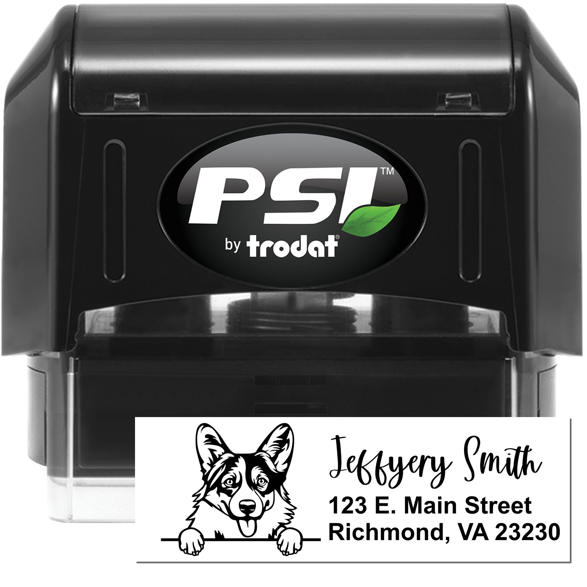 PSI by Trodat self-inking custom rubber stamp showing a personalized return address design with dog logo, name, and address.