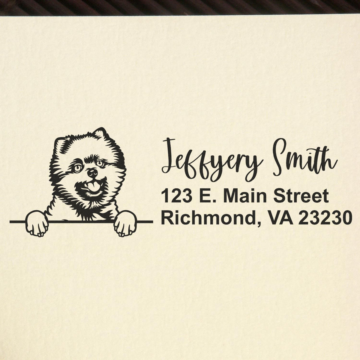 Personalized dog address rubber stamp for Jeffyem Smith, Richmond, VA 23230, featuring a custom pet illustration and return address.