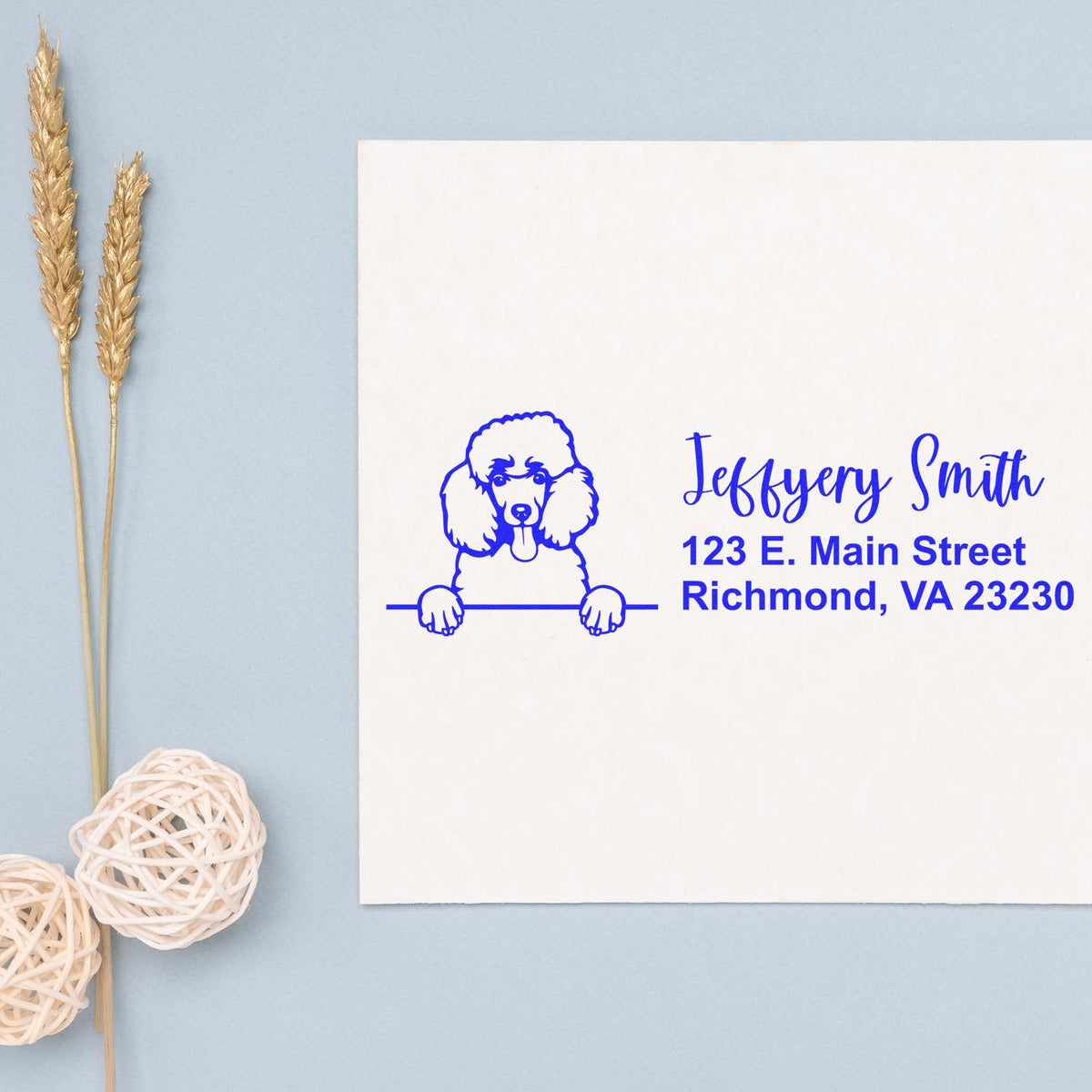 Personalized poodle address rubber stamp with custom name and Richmond, VA return address imprint on white paper.