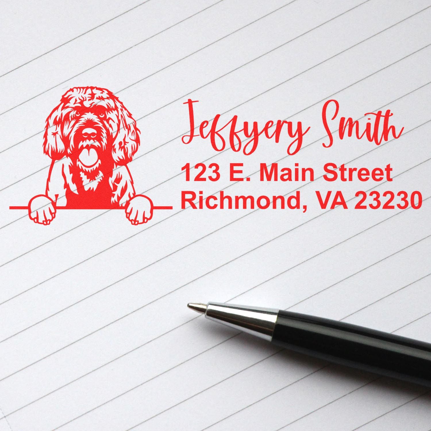 Custom rubber return address stamp with dog logo, Jeffery Smith, Richmond, VA 23230, on lined paper.