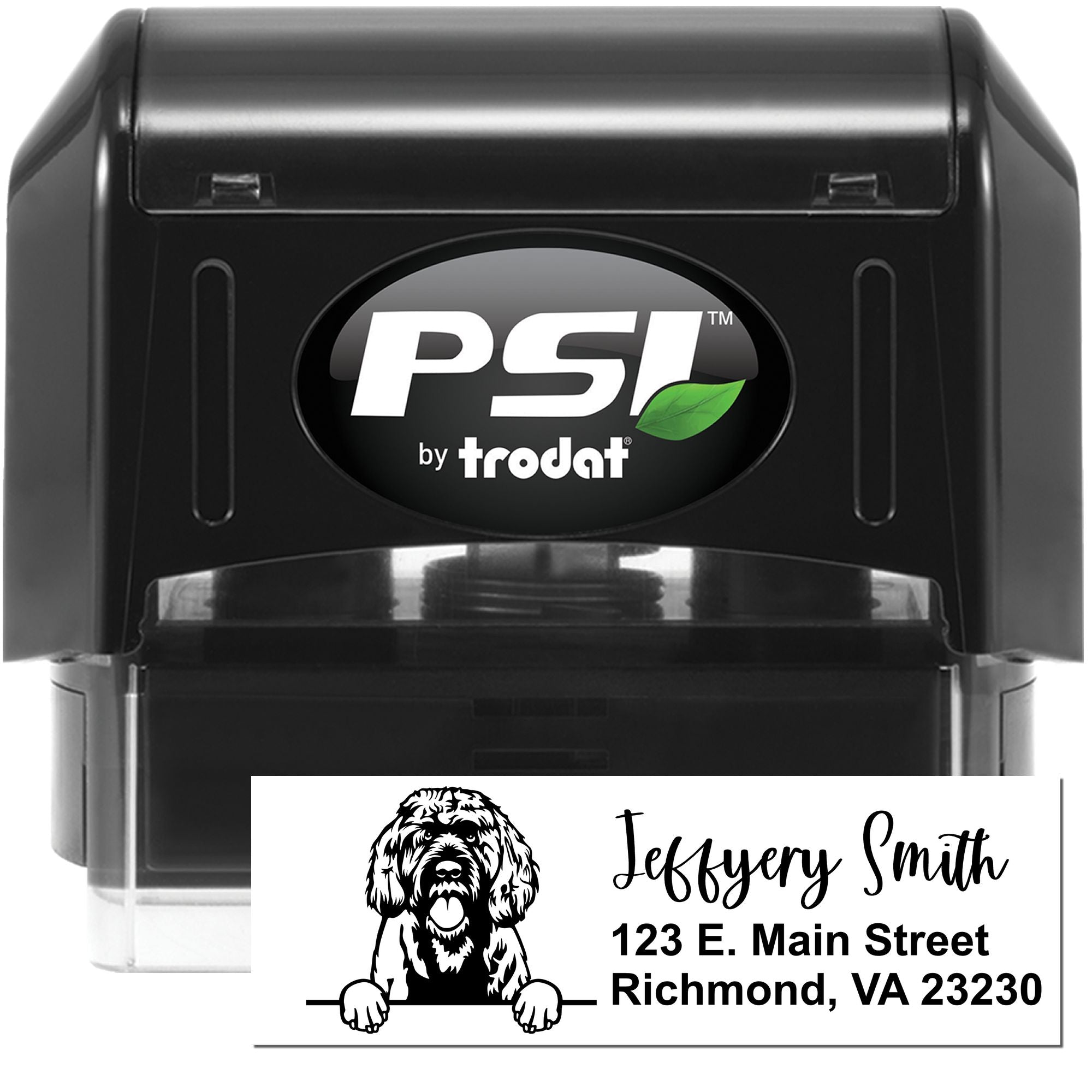 PSI by Trodat custom self-inking rubber address stamp with dog design, name, and return address for mailing labels