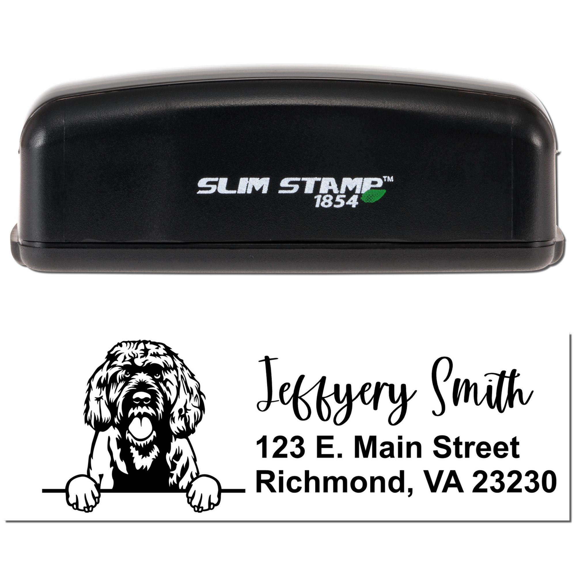 Custom Slim Stamp 1854 rubber address stamp with dog logo, perfect for personalized pet business return mail use.