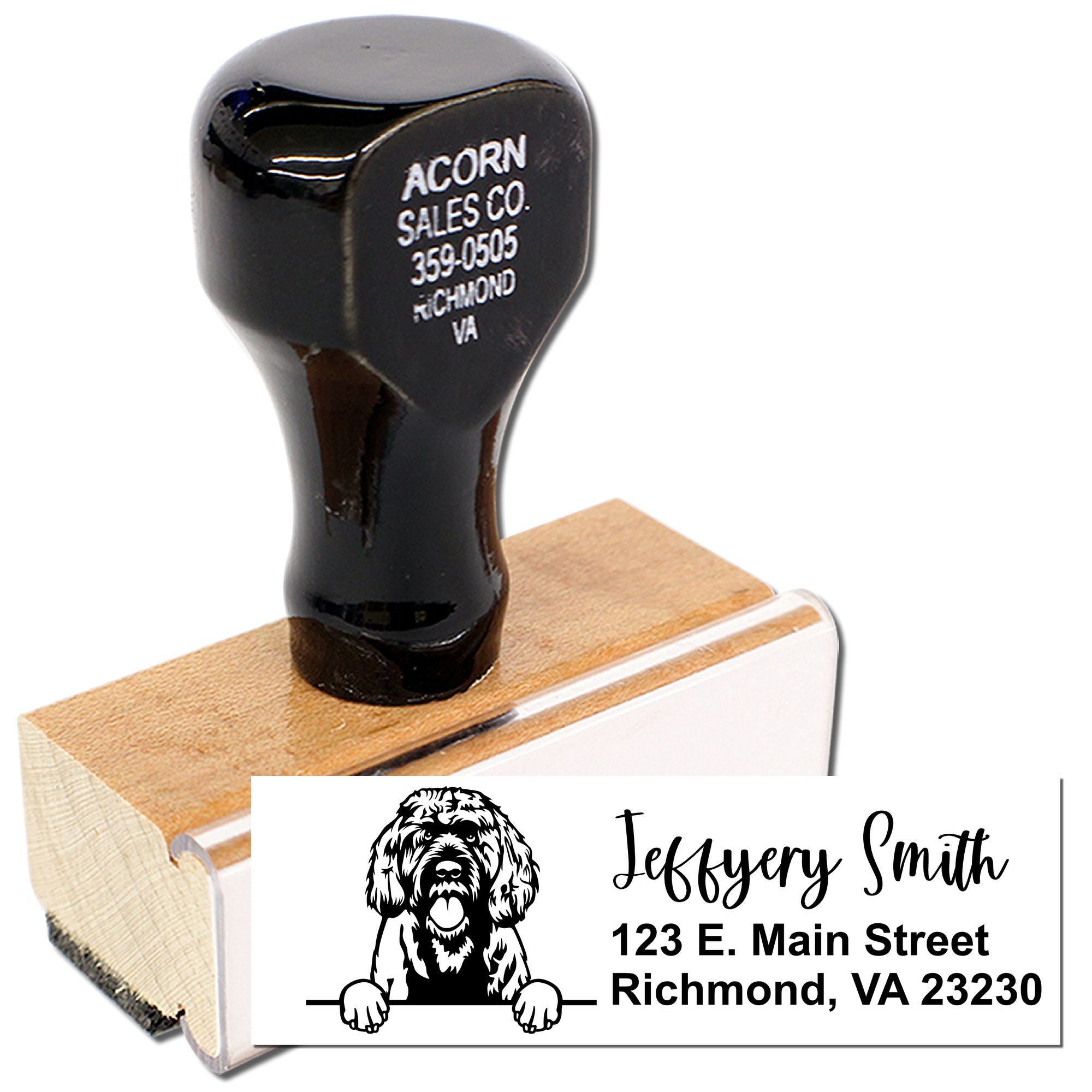 Custom dog return address rubber stamp with personalized name and Richmond, VA address on a wooden mount.