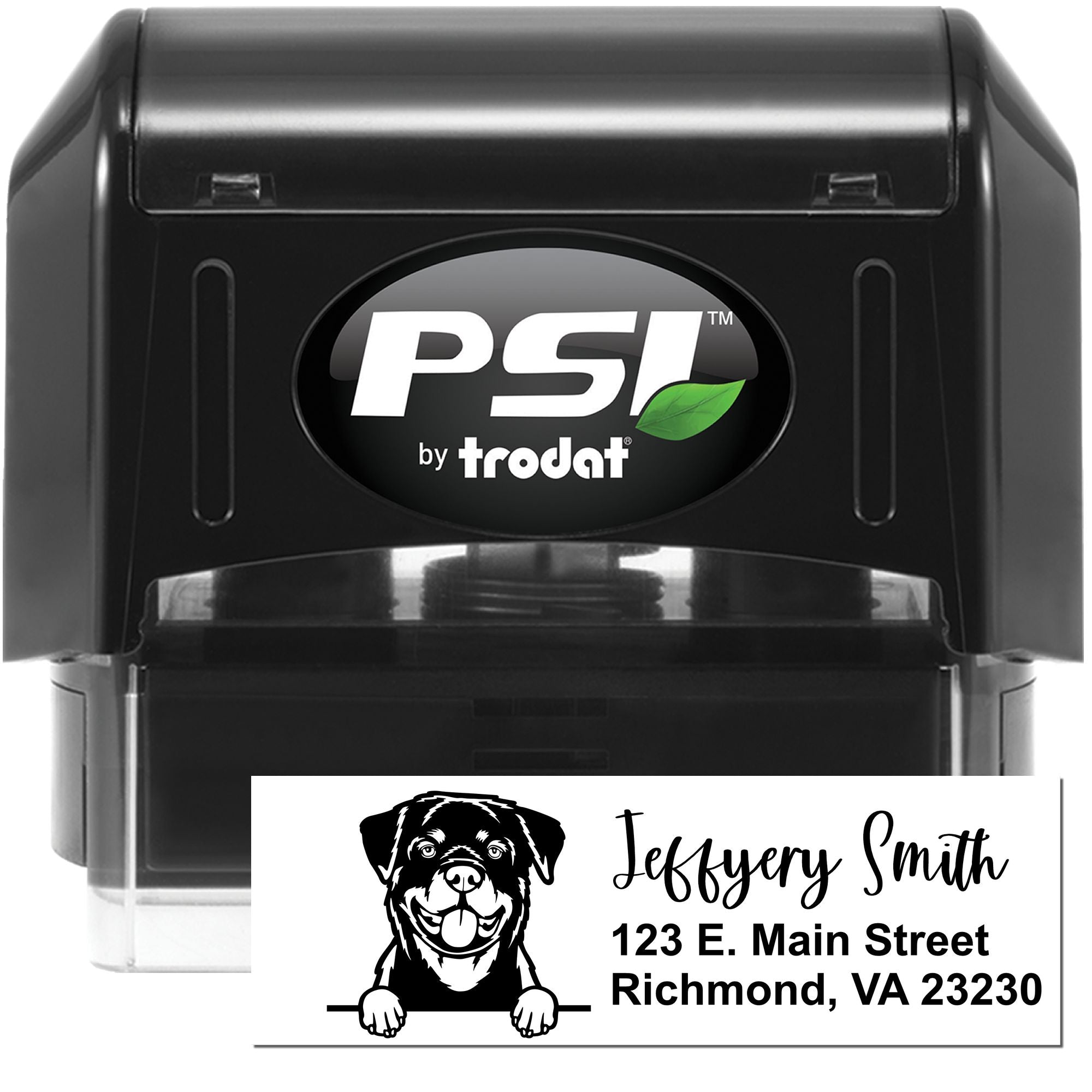 PSI by Trodat custom self-inking rubber stamp with dog logo and personalized name and address for return address use.