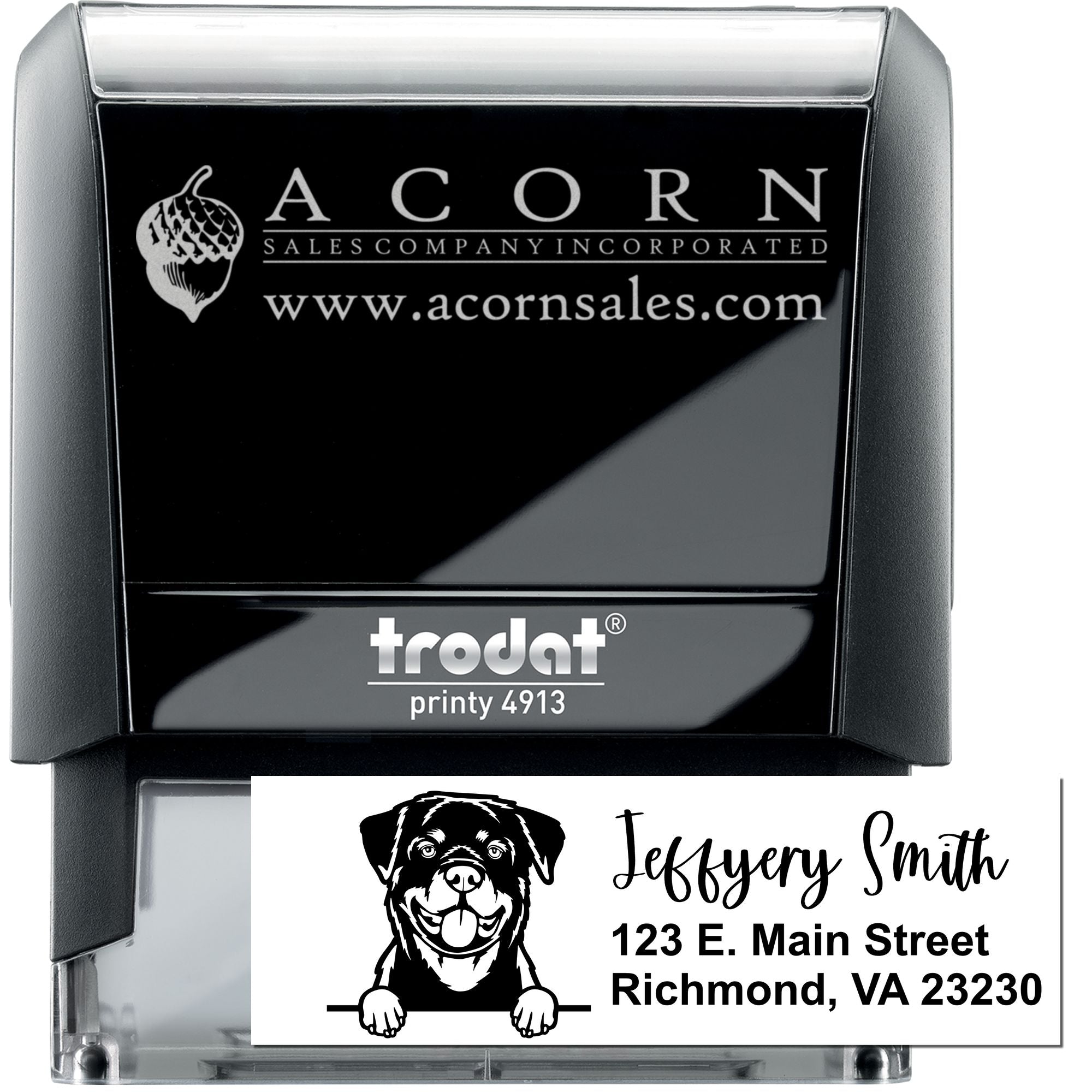 Trodat self-inking rubber stamp with custom logo, name and address imprint for business branding and mailing.