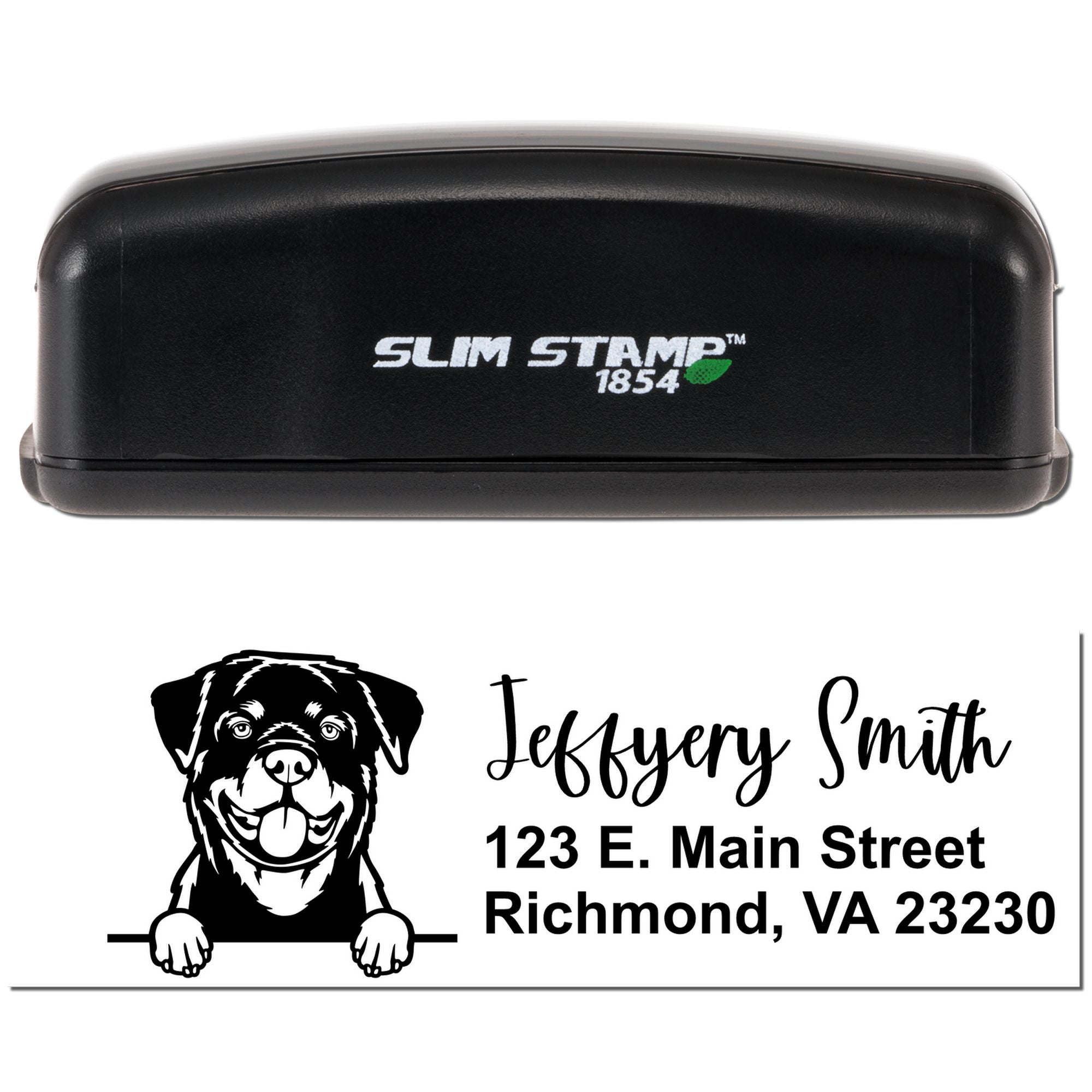 Personalized self-inking rubber stamp with dog logo, name, and address, shown in a Slim Stamp 1854 black case.
