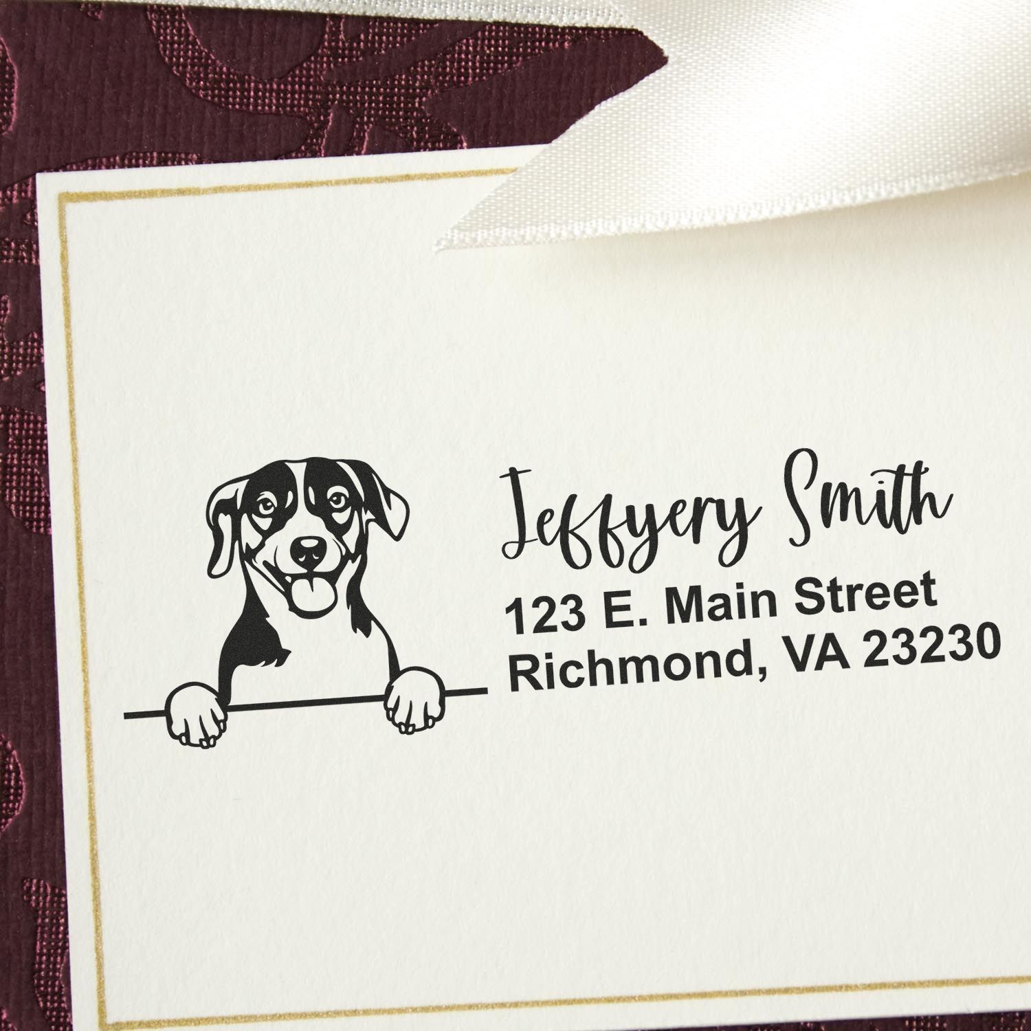 Custom return address rubber stamp with dog illustration for pet lovers, showing Jefferson Smith, Richmond, VA.