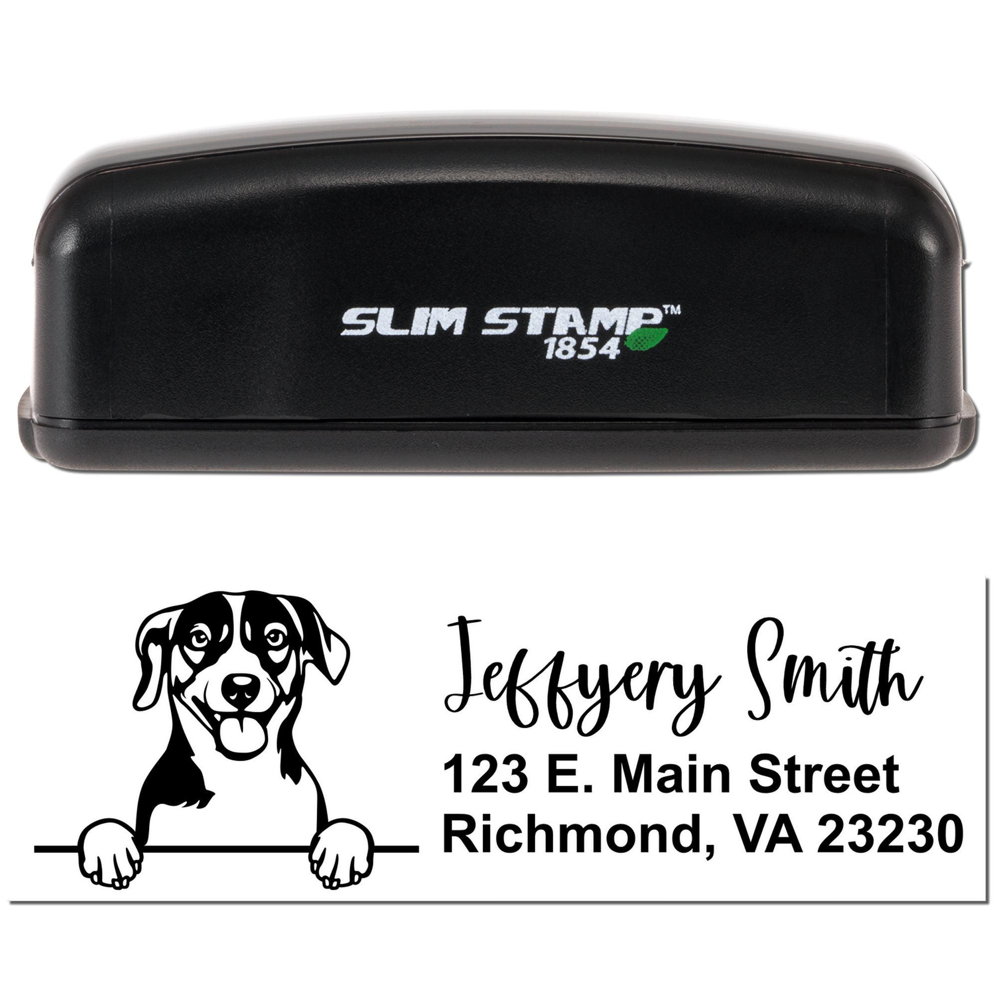 Slim Stamp 1854 custom rubber stamp with dog portrait, name, and address for personalized return address mailing.
