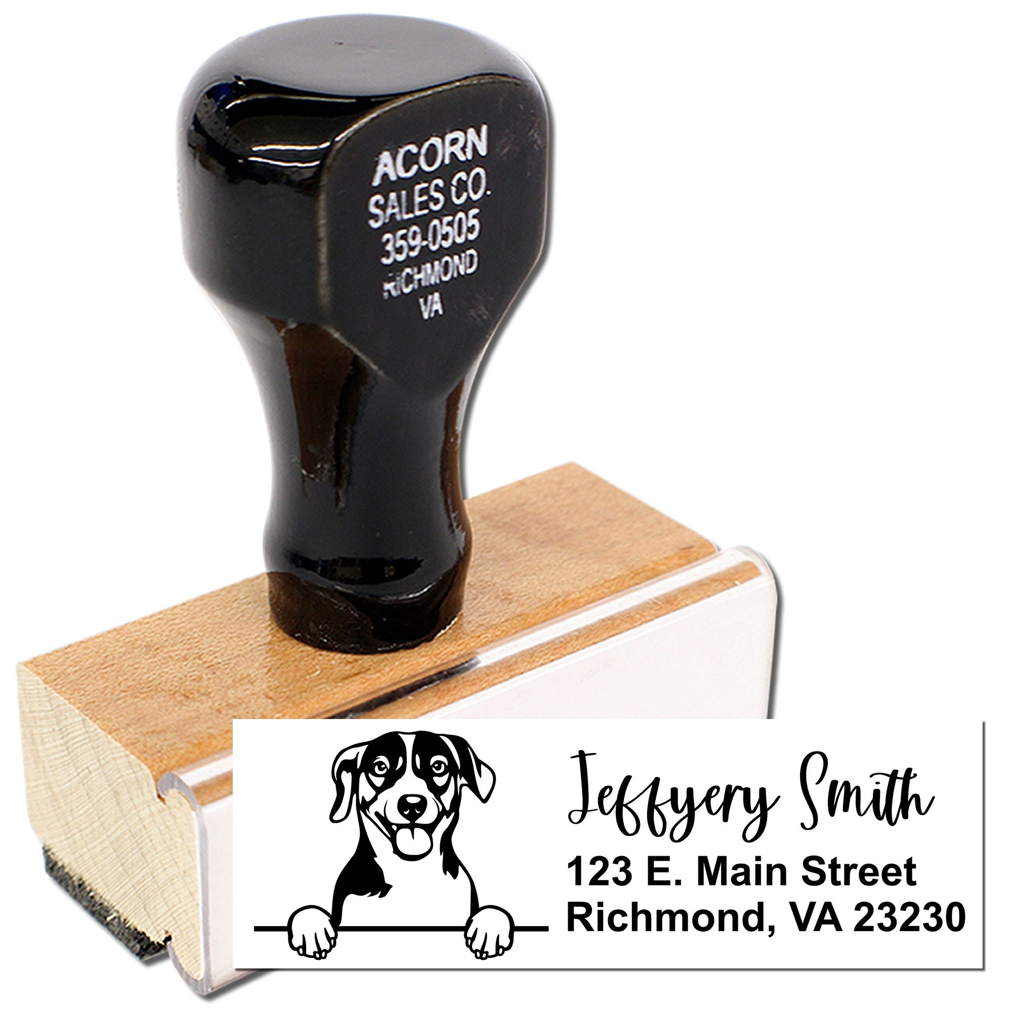 Custom rubber stamp with dog logo and address imprint for business branding and personalized mailing.