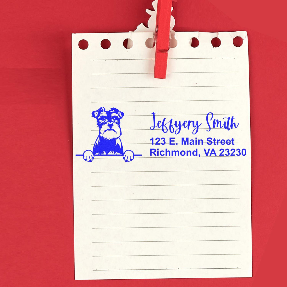 Custom dog return address rubber stamp with name and Richmond, VA address on lined notepad.