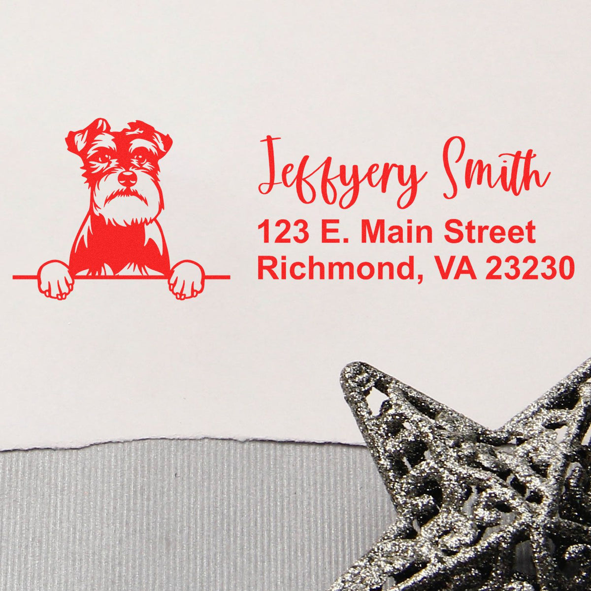 Custom dog address rubber stamp for Jeffery Smith, 123 E. Main Street, Richmond, VA 23230