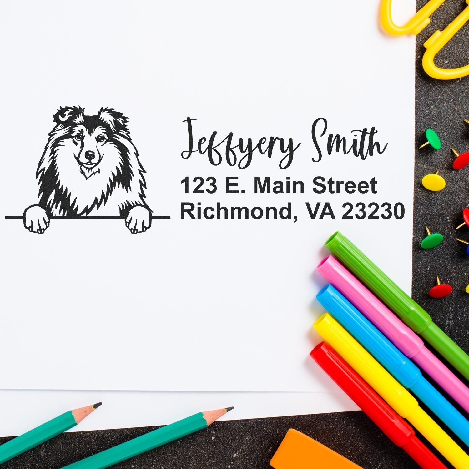 Personalized dog return address rubber stamp with Jeffrey Smith name and Richmond, VA address