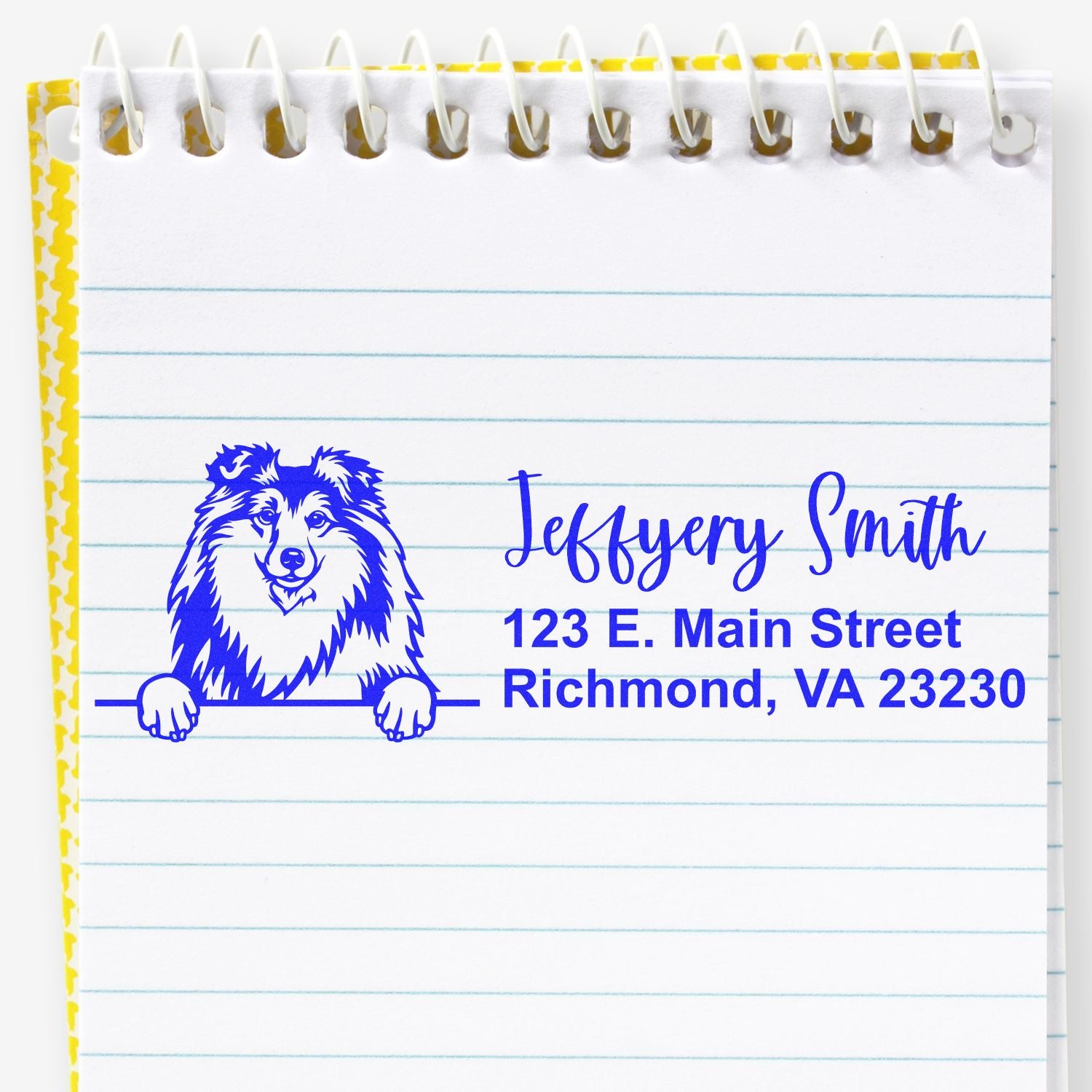 Custom return address rubber stamp with dog logo for Jeffery Smith, 123 E. Main Street, Richmond, VA 23230.