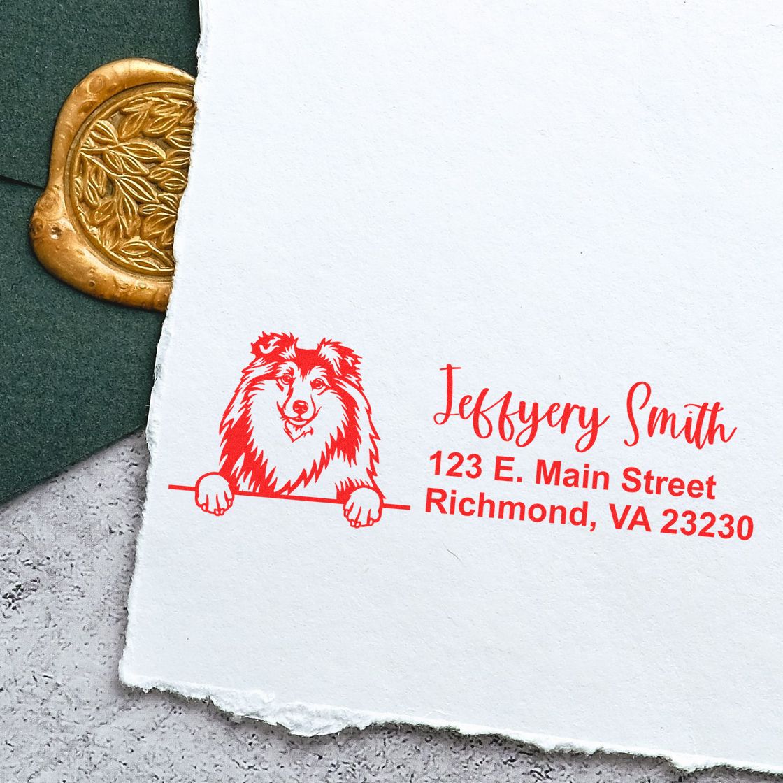 Custom Sheltie dog return address rubber stamp with name and address for personalized envelopes.