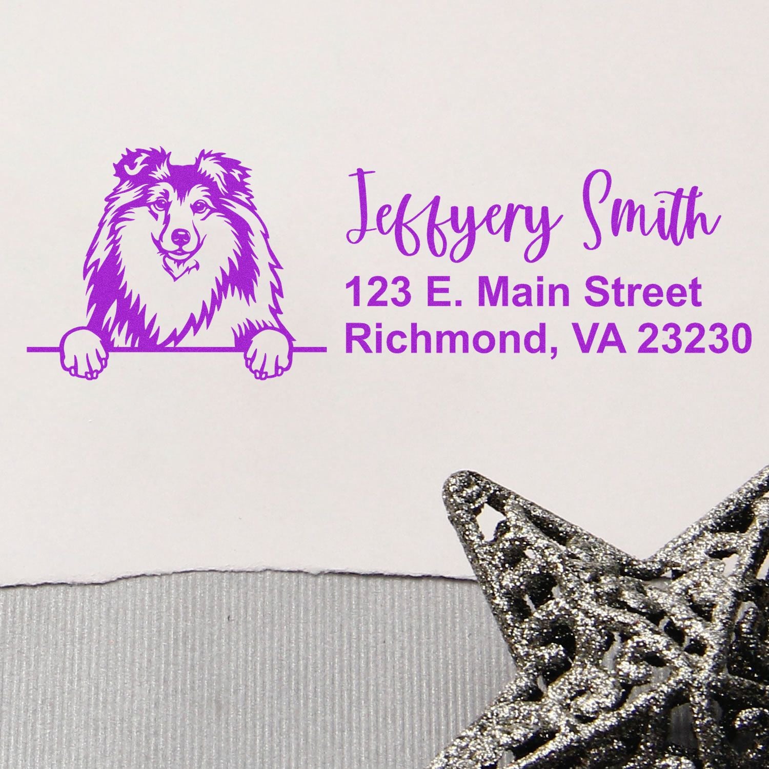 Personalized dog address rubber stamp with name and Richmond, VA return address for custom mail and stationery.