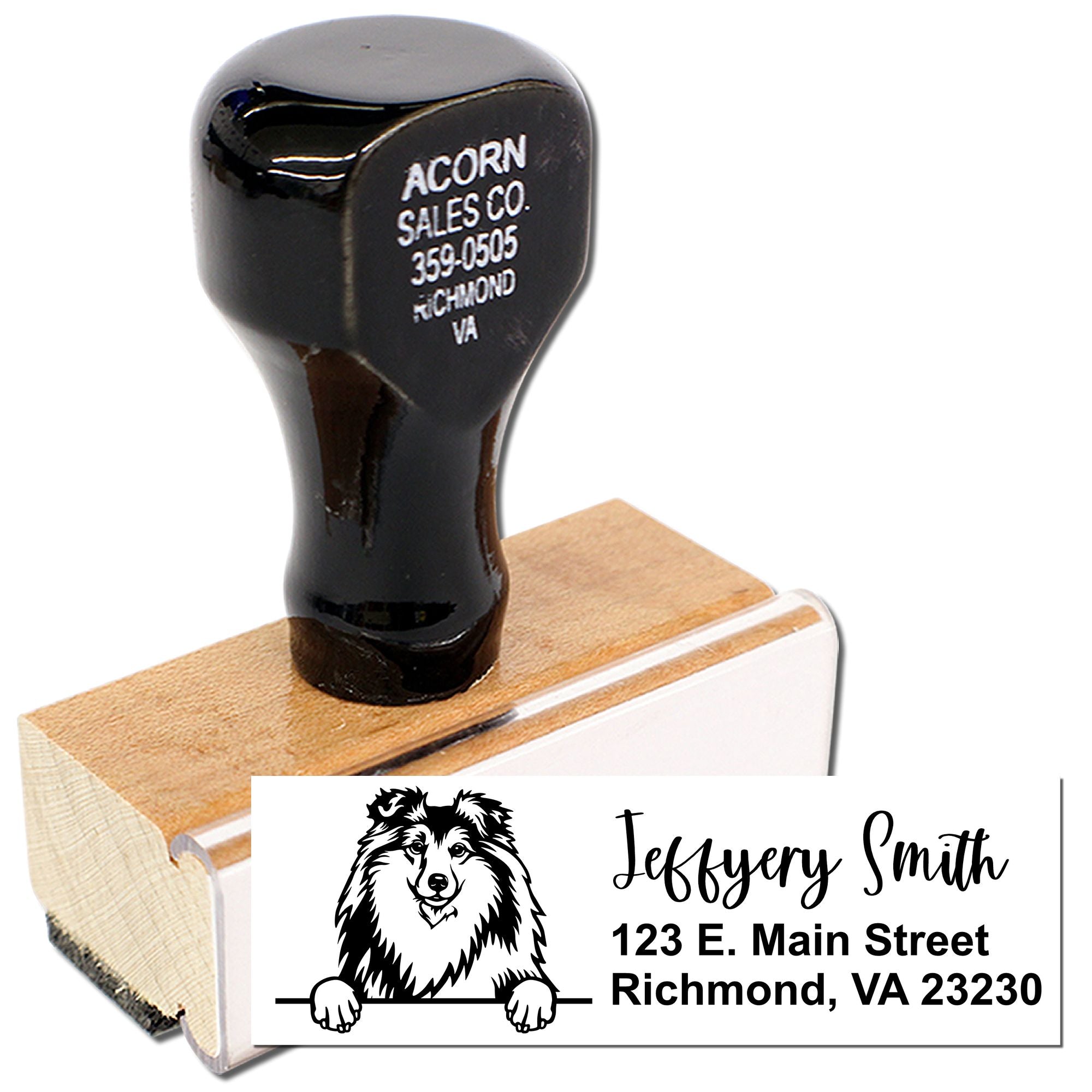 Custom return address rubber stamp with dog logo and personalized Jeffrey Smith, Richmond VA address for mail and packages