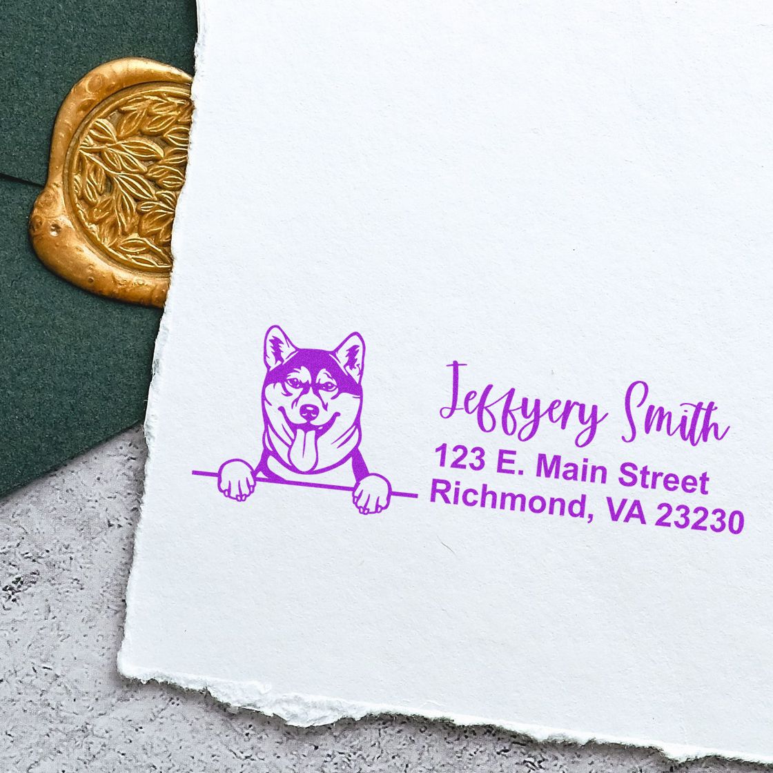 Custom dog logo return address rubber stamp in purple ink, showing Jeffrey Smiths Richmond, VA address.