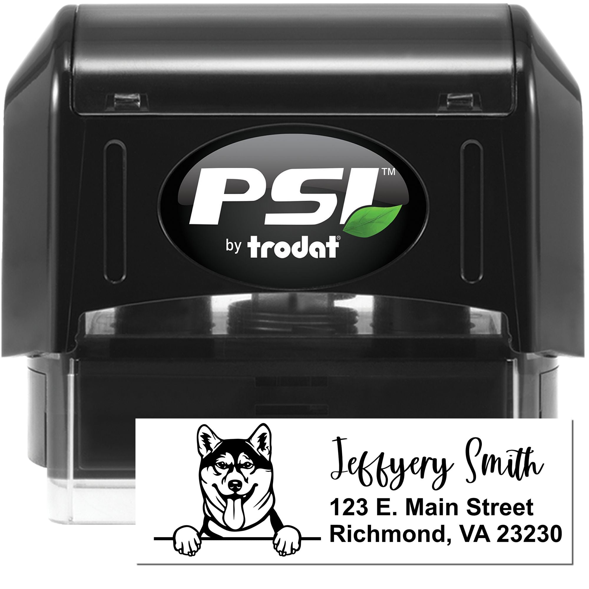 Custom address rubber stamp by PSI Trodat with dog logo, name, and Richmond VA address for personalized mail.