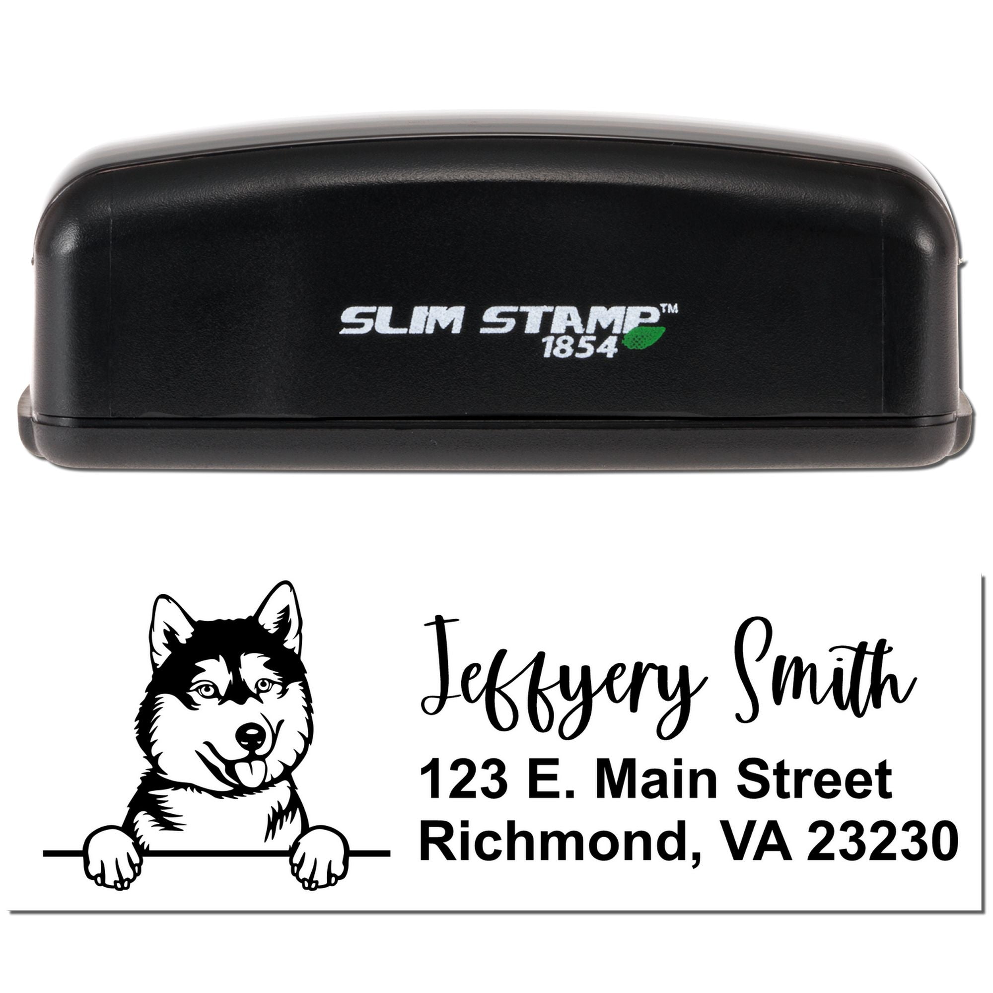 Slim Stamp 1854 self-inking custom address rubber stamp with husky design, Jeffrey Smith name, and Richmond, VA return address.